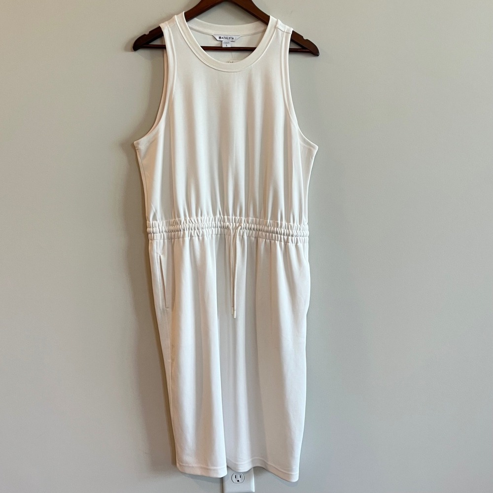 Athleta Women's White Sleeveless Drawstring Waist Pocket Midi Dress Large